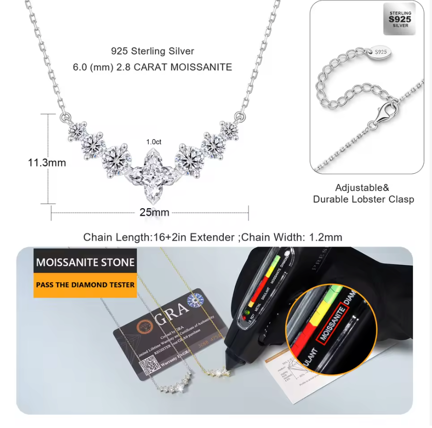 2.8CT Moissanite Necklace 7 Stone VVS1 Diamond 925 Sterling Silver White Gold Plated GRA Certified Pendant Necklace for Women