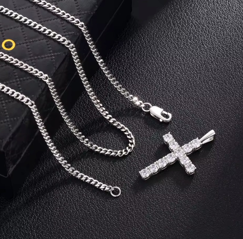 1.1ct VVS1 Moissanite Cross Pendant 925 Sterling Silver Chain 14K Gold Plated Jewelry Men Charm Lab Diamond Crucifix Necklace